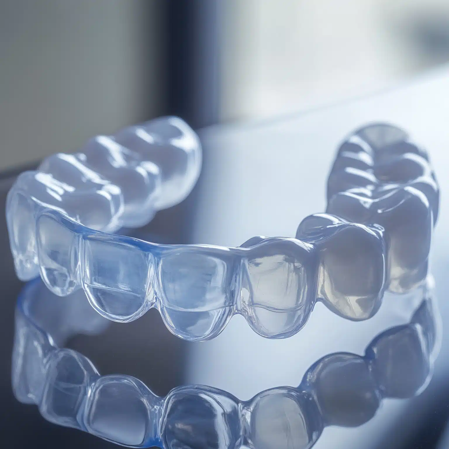 Clear dental aligner on reflective surface, showing detailed tooth impressions. The transparent material emphasizes precision and modern orthodontic technology, with a soft-lit background.