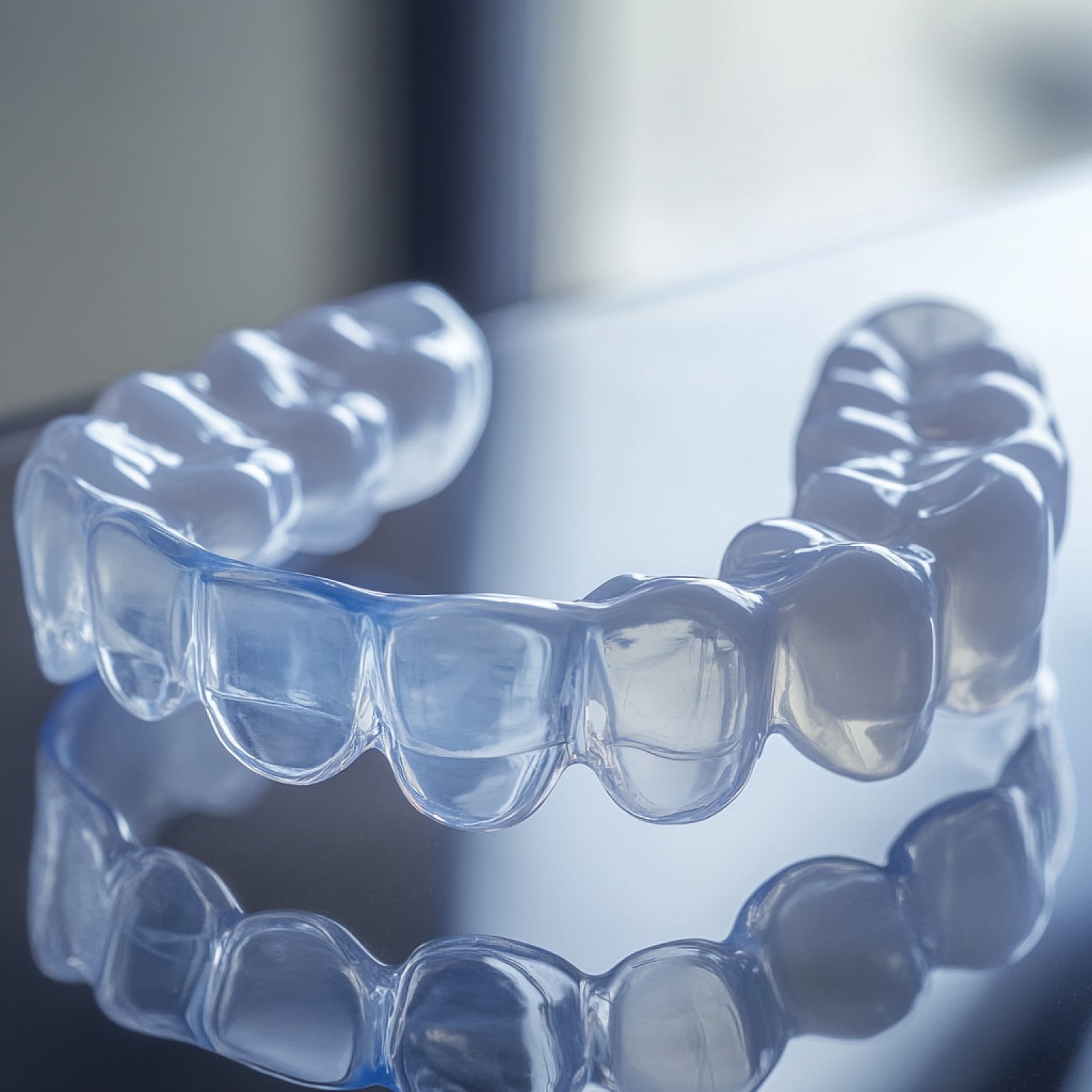 Clear dental aligner on reflective surface, showing detailed tooth impressions. The transparent material emphasizes precision and modern orthodontic technology, with a soft-lit background.